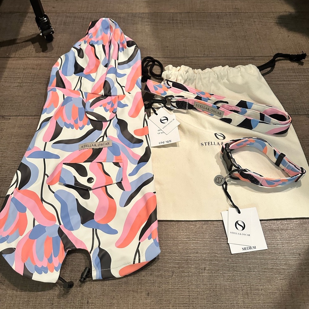 NWT Stella & Oscar set Rain Jacket, collar, and leash. Comes with dust bag